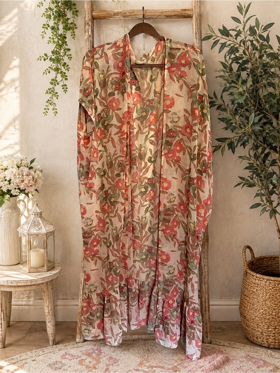 Cato Tops - EUC. Sheer Floral Kimono Duster Cover-Up | Women's OS | Boho Romantic Ruffle Hem